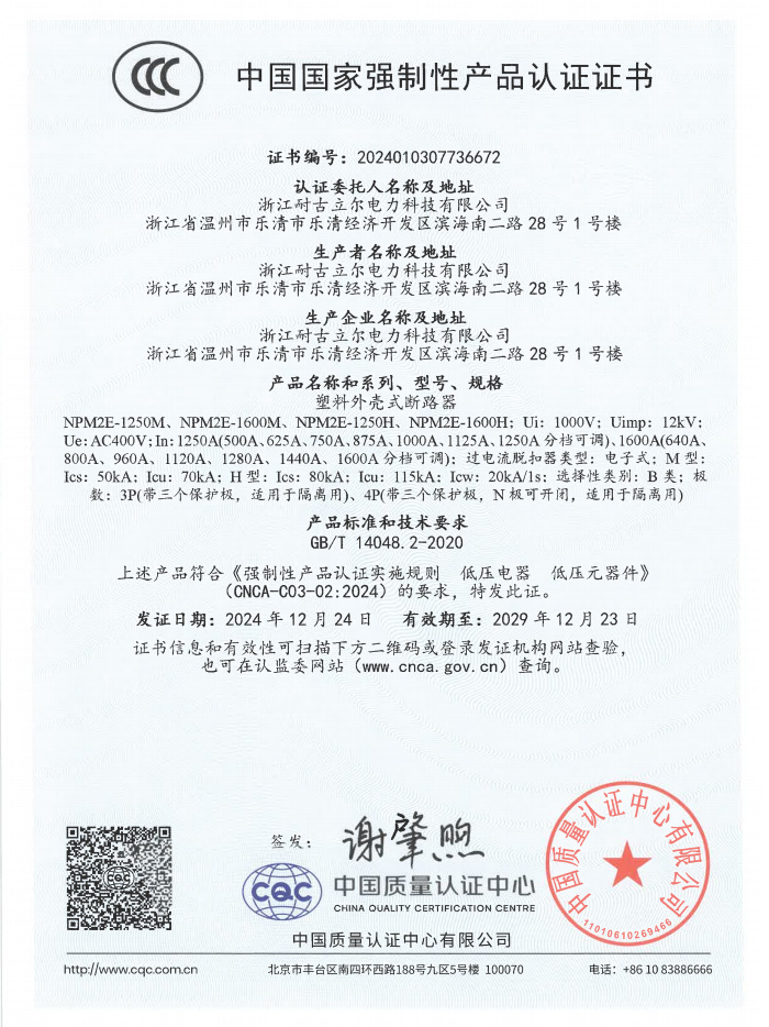 塑料外壳式断路器NPM2E-1250M