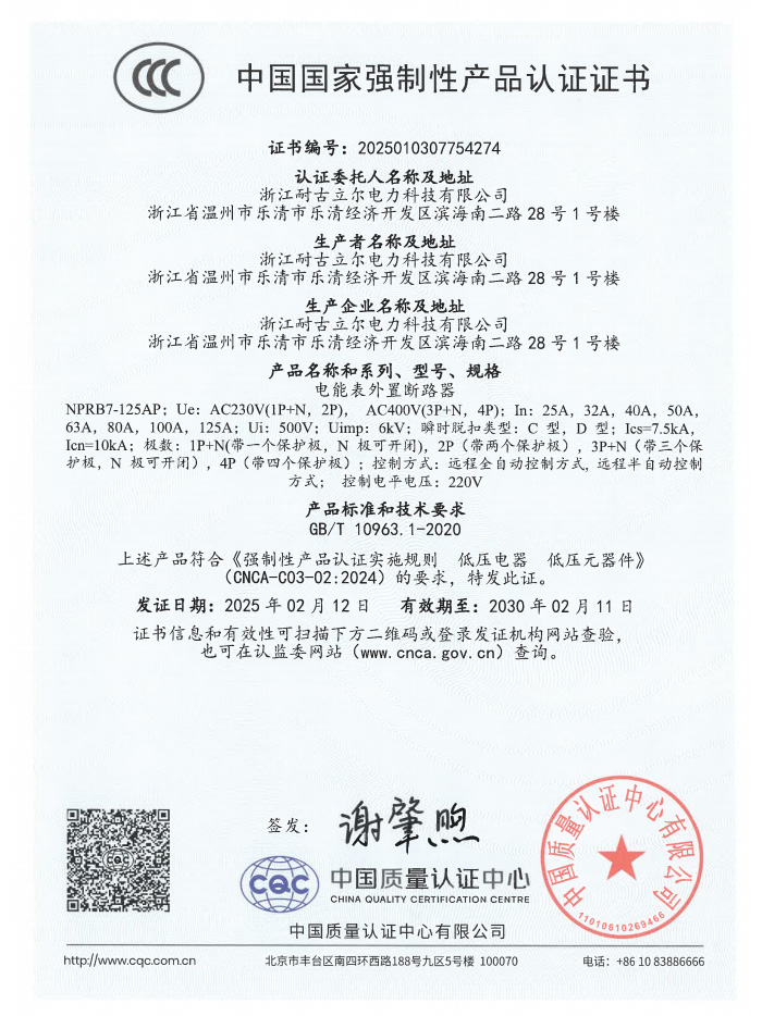 电能表外置断路器NPRB7-125(CCC）